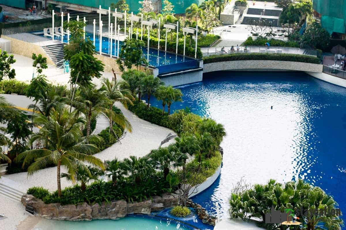 Azure lap pool, wave pool and volleyball court